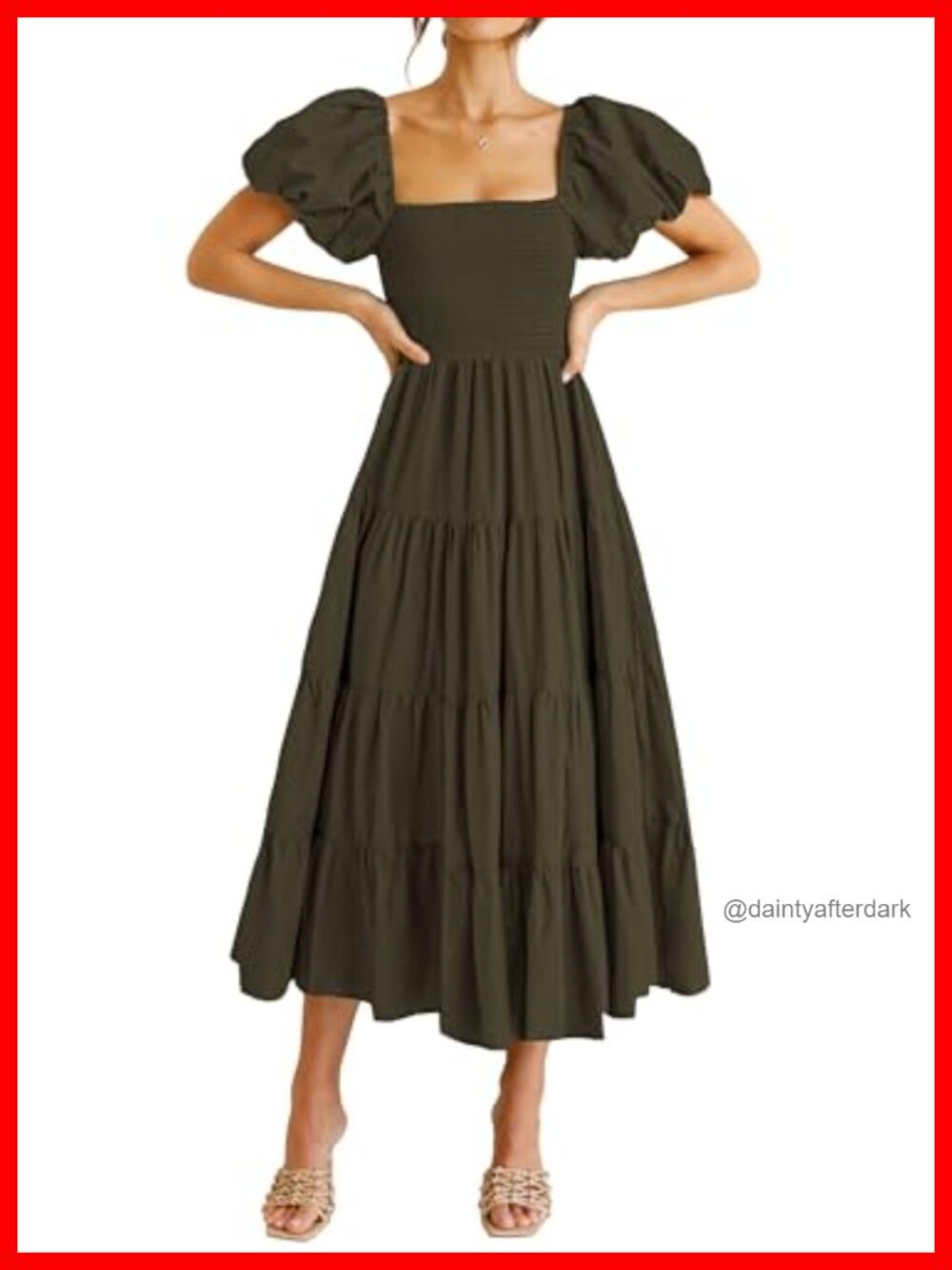 PRETTYGARDEN Women's Smocked Midi Dress Square Neck Short Sleeve Backless